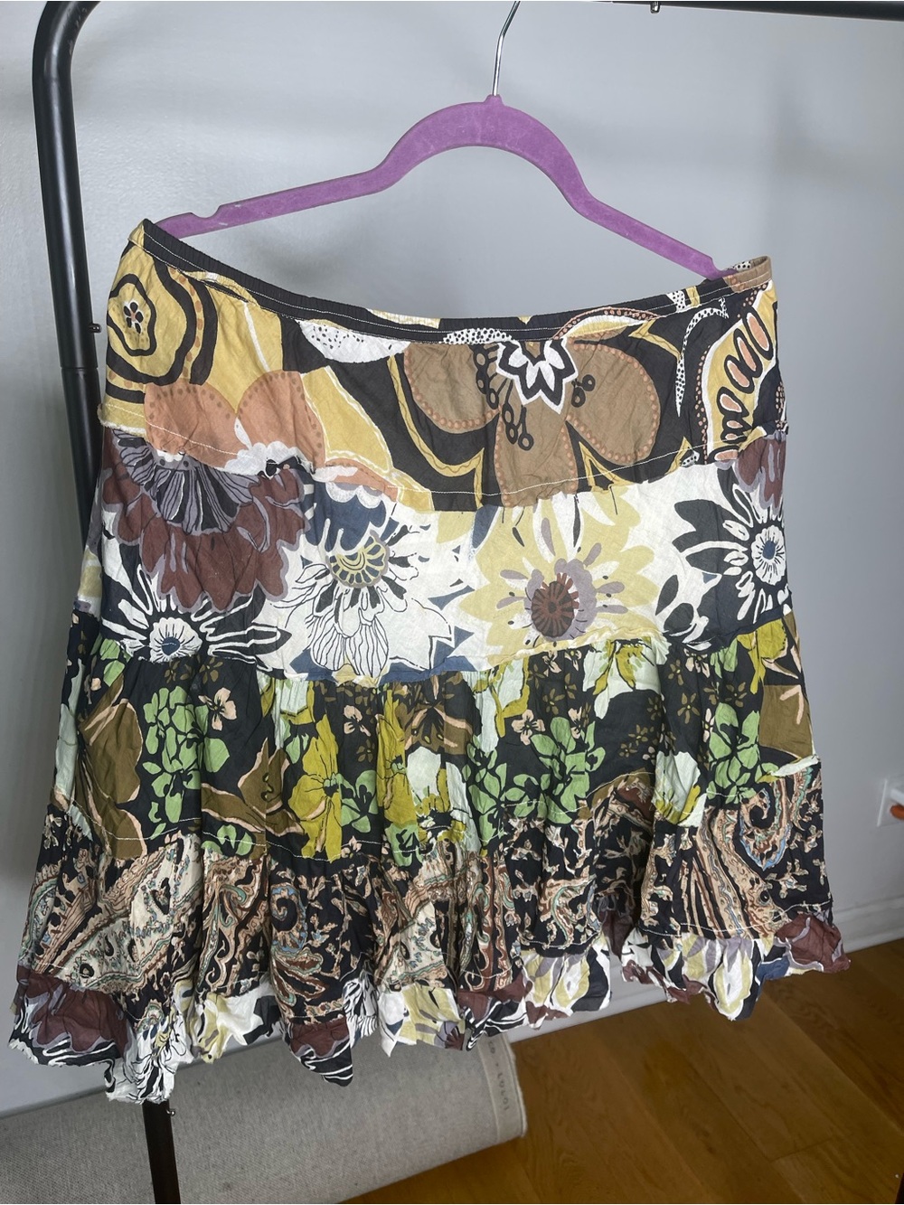 Vintage Floral Tiered Skirt in Green, Brown & Cream